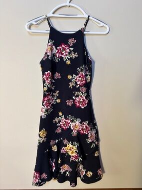 Aqua Navy Floral Midi Dress with Pink and Yellow Blooms